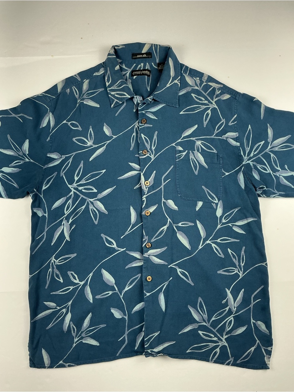 Lord & Taylor silk Blue Short-Sleeve Button-Down with Light Leaf Print